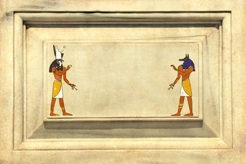 Grunge background with Egyptian gods images Anubis and Horus