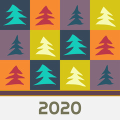 Obraz premium Happy New Year 2020 Abstract Card With Colorful Squares And Christmas Trees