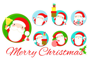 Set of round Christmas stickers with cute Santa Claus