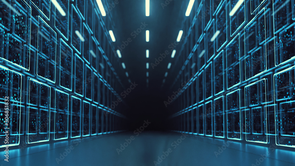 Poster 3D Rendering of data center room with abstract data servers and glowing led binary, abstract network and ceiling lights. For Big data, machine learning, artificial intelligence concept background.
