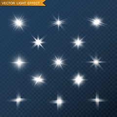 Fototapeta na wymiar Set of golden bright beautiful stars. Light effect. Bright star. Beautiful light to illustrate. Christmas star. White sparkles sparkle with a special light. Vector glitter on a transparent background
