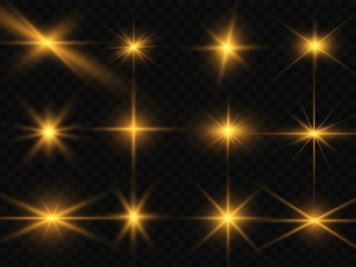  Set of golden bright beautiful stars. Light effect. Bright star. Beautiful light to illustrate. Christmas star. White sparkles sparkle with a special light. Vector glitter on a transparent background