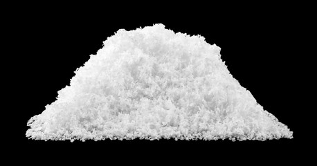 pile of fluffy white snow isolated on a black background.