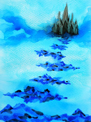 black castle in blue sky watercolor painting illustration design hand drawing