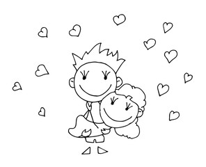 Coloring book for kids - smiling boy holds a girl in his arms. Valentines day. 14 February. Black and white cute cartoon hand drawing kids. Vector illustration.