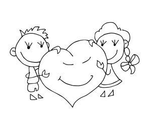 Coloring book for kids - smiling boy and girl hold a big heart. Valentines day. 14 February. Black and white cute cartoon hand drawing kids. Vector illustration.