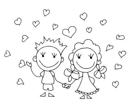 Coloring book for kids - smiling boy and girl joined hands on a background of hearts. Valentines day. 14 February. Black and white cute cartoon hand drawing kids. Vector illustration.