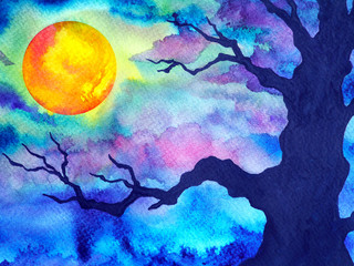 full moon dark night halloween background watercolor painting illustration design hand drawing