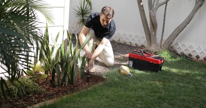 Grass Field Sprinklers Installation by Professional Caucasian Garden Systems Installator. Adjusting Lawn Sprinkler.