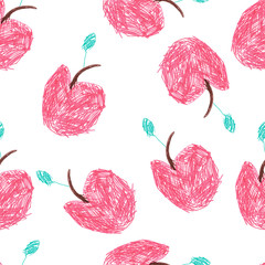 Children's drawing style, seamless pattern of a  red apples on a white background. Design for fabric, wallpaper, packaging, paper, print. Color design.