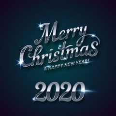 Merry Christmas Lettering for Invitation and Greeting Card, Prints and Posters. Hand Drawn Inscription, Calligraphic Design on Dark Background