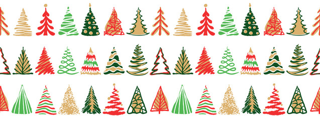 Materiał do szycia Hand drawn doodle christmas tree seamless border pattern. Red green color holiday style. New year vector symbol set. Simple artistic line stroke. Silhouette decor icons isolated on white background