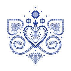 Folklore floral Nordic Scandinavian pattern vector. Ethnic blue and white ornament with hearts and flowers. Vintage design element for holiday card, embroidery clothing print, party invitation.