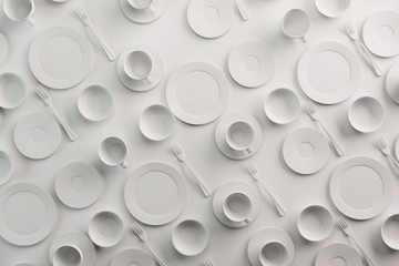 White Food background concept for design menu restaurant or cafe. Food flyer. Ceramic Plates and...