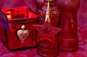 Elegant Red Xmas Still Life With Glass Bottles