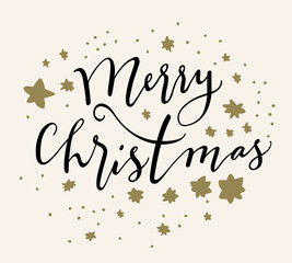 Merry Christmas calligraphic card with hand drawn stars on white background. Modern calligraphy lettering. Artistic EPS 10 Christmas mixed media illustration
