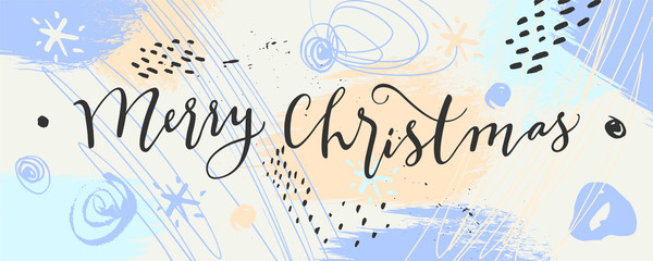 Merry Christmas horizontal hand drawn calligraphic banner in light blue  pale winter colors. Mixed media