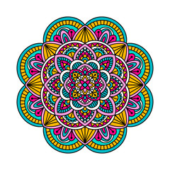 Vector hand drawn doodle mandala. Ethnic mandala with colorful ornament. Isolated. Abstract illustration.
