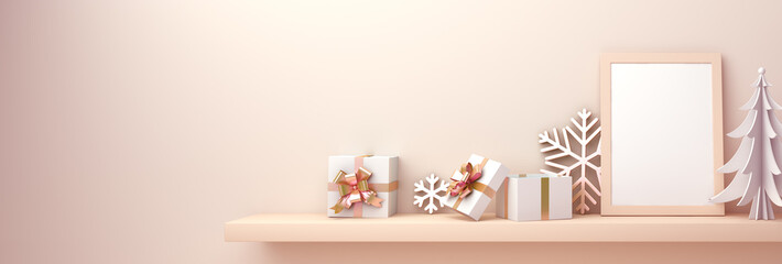 Happy New Year or winter banner design creative concept, empty frame, rack or shelf, gift box, snow icon, pine, spruce on pastel background. Copy space text area, flat lay. 3D illustration.