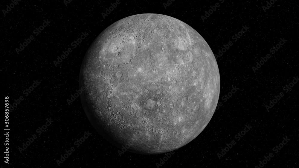 Wall mural planet mercury rotating in space, solar system world in front of the stars, 4k loop