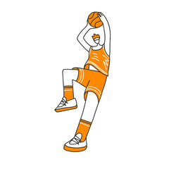 Vector hand drawn colored sketch illustration of professional basketball player, playing with basketball ball in dynamic pose, isolated on white. Hand draw vector illustration of professional basket