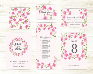 Bundle of Save The Date and RSVP Invitation Card. Greeting card with flax background. Set of Floral templates with garden blooming flowers.