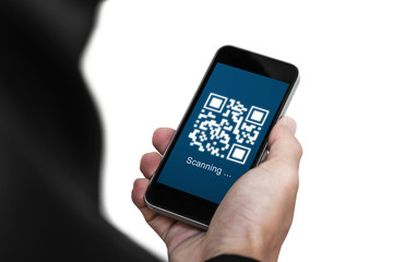 QR code scanning payment and verification. Businessman holding mobile smart phone scan QR code on screen