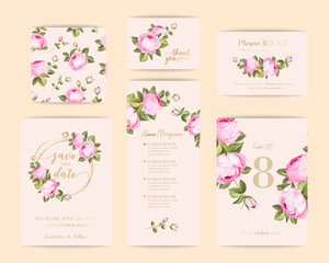 Bundle of Save The Date and RSVP Invitation Card. Invitation card with spring rose background. Set of Floral vertical template with garden blooming flowers.