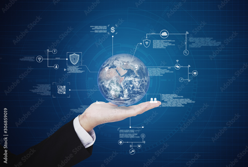 Poster hand holding globe with online data technology. global business and big data concept. element of thi