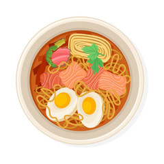 Noodles With Salmon and Boiled Eggs Served on Plate