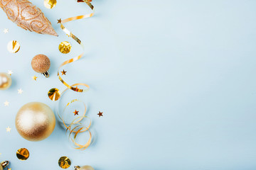 New Year bright balls and gold serpentine, Christmas background, new year concept 2020