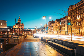 Helsinki, Finland. Pohjoisranta Street And View Of Uspenski Cathedral In Evening Night Illuminations
