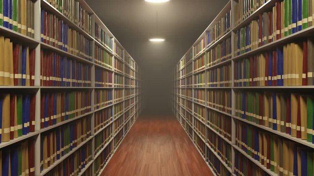 Camera moving between long bookshelves with a lot of color books on each book shelf. Suitable for illustration of reading, education, university, science or bookstore concept ideas. Seamless loop.