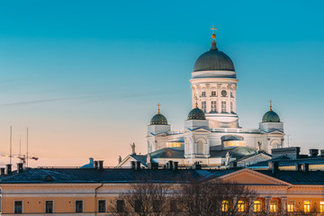 Fototapeta na wymiar Helsinki, Finland. Night Evening View Of Helsinki Cathedral. Famous Landmark In Blue Hour