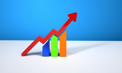 3d rendering of a red upward economic trend graph and histogram