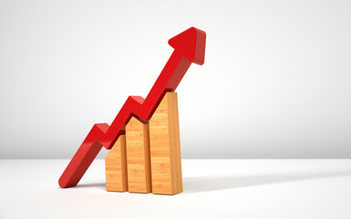 3d rendering of a red upward economic trend graph and histogram