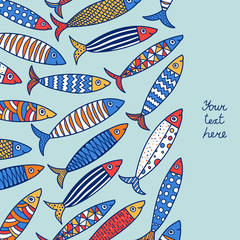 Lovely sardines. Postcard with colorful fish.