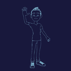 Cartoon character boy greeting gesture. Vector outline illustration.