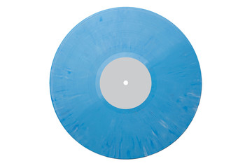 Old retro blue plastic vinyl musical lp record with gray label isolated over a white background