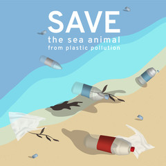 An illustration reflects to current environmental problems of the plastic garbage, sea animals die from water pollution, solve global warming Campaign vector to say no for Single-use plastics and bott
