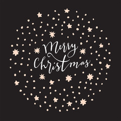 Fototapeta na wymiar Merry Christmas. Holiday Season vintage hand drawn greeting card, postcard, label, sticker, badge on black background with stars. Calligraphic art. EPS10 vector