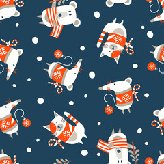Seamless Christmas pattern on blue background. Vector illustration.
