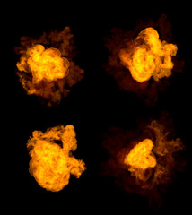 4 different pictures of fire explosion - high detail bomb blast concept isolated on black, 3D illustration of objects