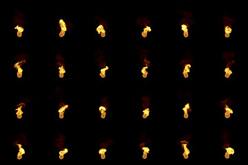 christmas or hanukkah lovely candles concept - 24 renders of candle or cigarette lighter bright shining flames isolated on black, 3D illustration of objects