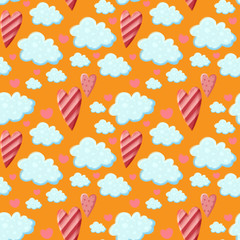 Cute seamless pattern with clouds and hearts on orange back
