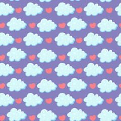 Cute seamless pattern with clouds and heart on violet back