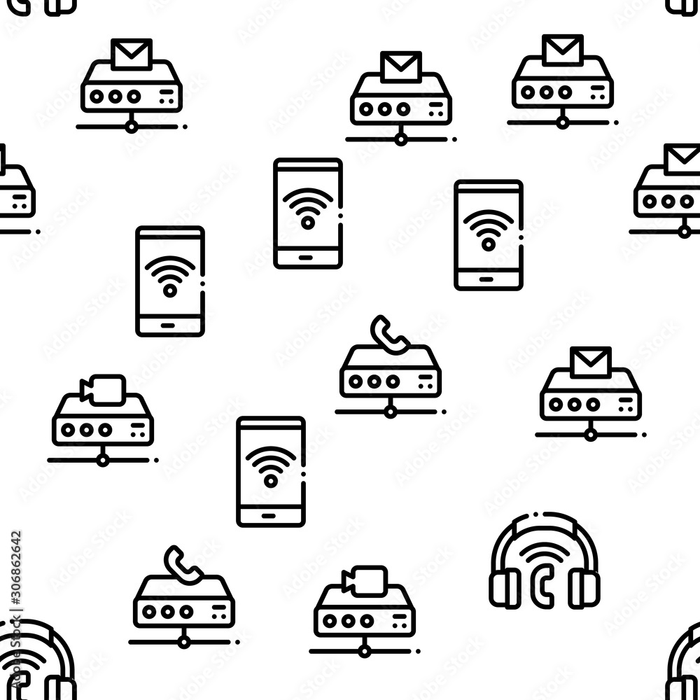 Poster voip calling system seamless pattern vector thin line. illustrations