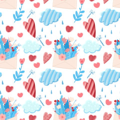 Romantic seamless pattern with letter, flower and hurts on white back