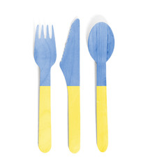 Eco friendly wooden cutlery - Plastic free concept - Flag of Ukraine