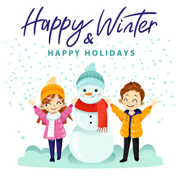 Cartoon kids, snowman, happy winter warm wishes text, Christmas season, winter holidays. Design for wrapping, fabric, print, postcard.